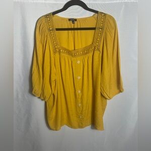 AUW Mustard Yellow Crochet Trim Blouse 3X Boho Button Front Top